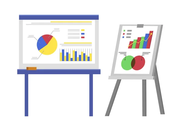 Quadro branco com diagrama de pizza e gráficos de negócios —  Vetores de Stock