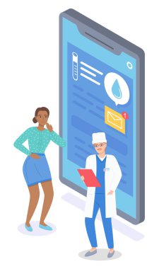 Doktor ve hasta kadın testler hakkında akıllı telefondan iletişim kuruyor. Doktor hastaya tavsiye eder.