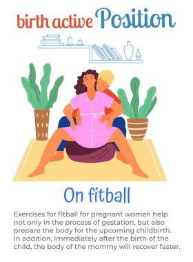 Fitball 'da doğum pozisyonu, erkek doğum sancıları sırasında hamile kadına yardım, karın ağrısı olan kadın.