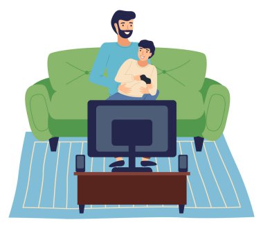 Mutlu adam dizlerinin üzerinde oğlunu tutuyor, küçük çocuk evde babasıyla oyun oynuyor.