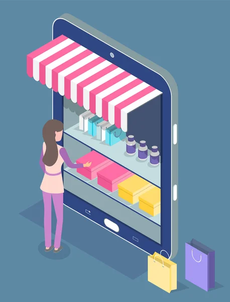 Online vásárlás, izometrikus 3D-s digitális tabletta online áruház, stílusos női vásárló választott árut — Stock Vector