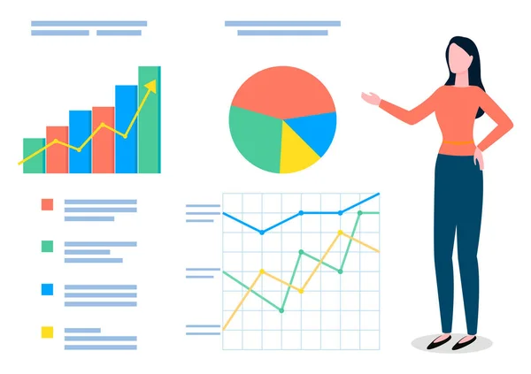 Vrouw staat en wijst naar grote standaard met analytische gegevens, grafieken, staaf- en taartdiagrammen, plat beeld — Stockvector