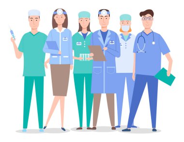 Otolaryngologistler, cerrahlar ve asistanlar şırınga ve test tüpleri, tıbbi yardım, personel