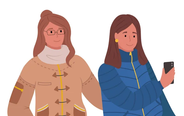 Femmes habillées en Vêtements chauds, Réunion d'amis — Image vectorielle