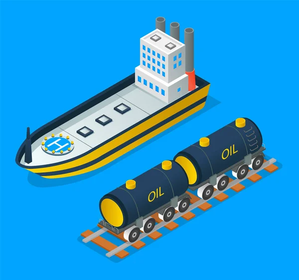 Industria petrolera, transporte de petróleo con tren o barco, transporte terrestre o marítimo, importación de exportación — Vector de stock