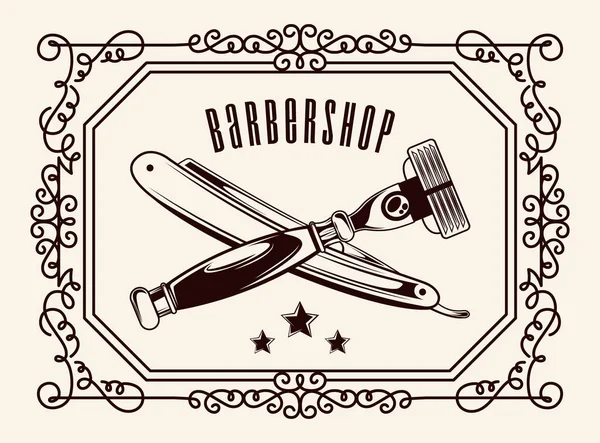 Styl fryzjera, golarka i żyletki, gwiazdy, ramka, elementy dekoracyjne, ilustracja vintage — Wektor stockowy
