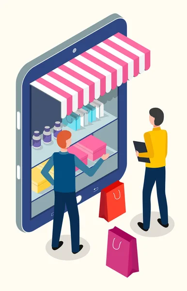Isometrisk bild av stora smartphone med produkthyllor, shopping paket, man i webbutik — Stock vektor
