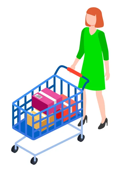 Mulher está rolando um carrinho de compras. Conceito de compras, gastar dinheiro, comércio. Imagem isométrica — Vetor de Stock