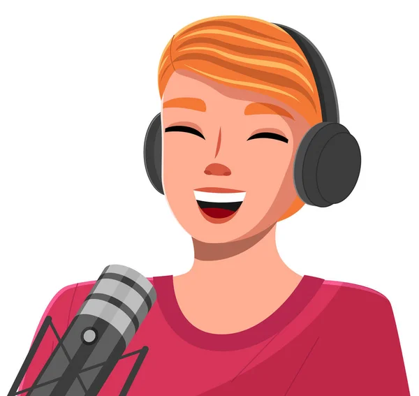 Χαρούμενη χαρούμενη γυναίκα που φοράει ακουστικά και μιλάει στο μικρόφωνο, podcast show, ραδιοφωνική ιδέα — Διανυσματικό Αρχείο