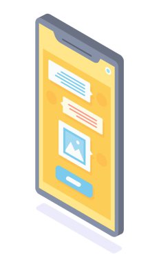Sohbet mesajı ve görüntülü modern akıllı telefon. Teknoloji kullanılarak uzaktan iletişim