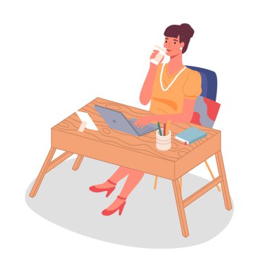 Resepsiyondaki iş kadını elinde dizüstü bilgisayar ve bir fincan kahveyle. İş akışı, ofis işi. Vektör resmi