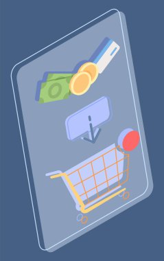 Müşteri seyahati. Kredi kartı, para, alışveriş sepeti. İnternetten alışveriş yapıyor. Düz resim