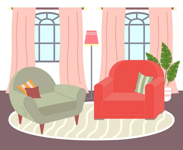 Дизайн інтер'єру вітальні, два крісла в килимі, вікна зі шторами, лампа, декор рослин — стоковий вектор