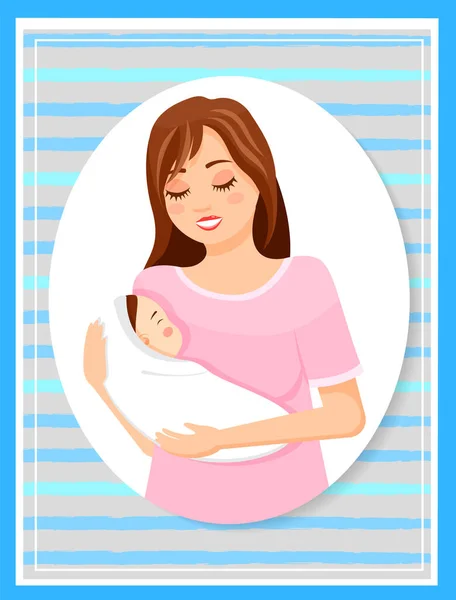 Madre sonriente con bebé en las manos o recién nacido, paternidad materna, padre que sostiene al bebé dormido — Vector de stock