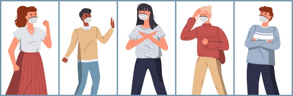 Set di personaggi della razza mix di cartoni animati in faccia maschere mediche su sfondo bianco, concetto di epidemia mondiale — Vettoriale Stock