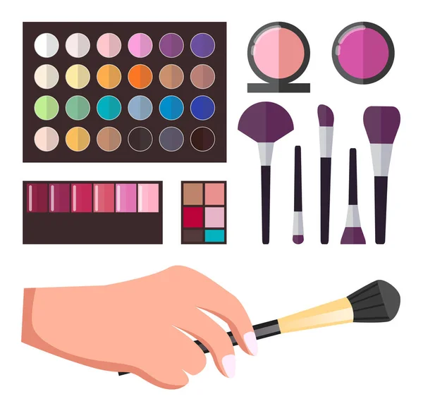 Set med makeup tillbehör borstar, pallete ögonskugga, läppstift, rouge. Tjejarm med sminkborste — Stock vektor