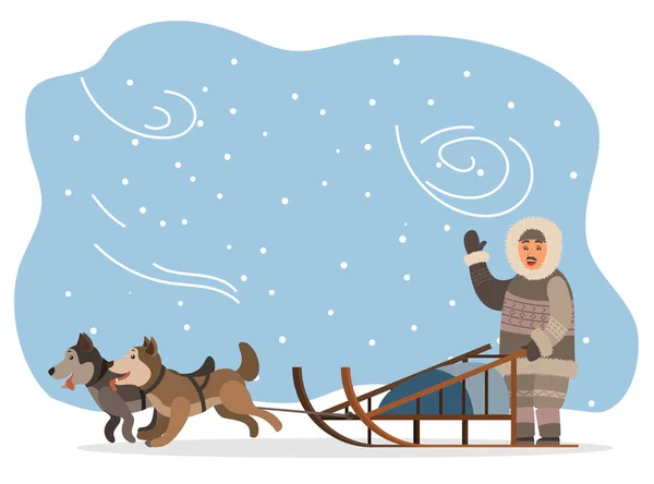 Husky Dogs and Eskimo in Fur Clothes with Sleigh — Stock Vector