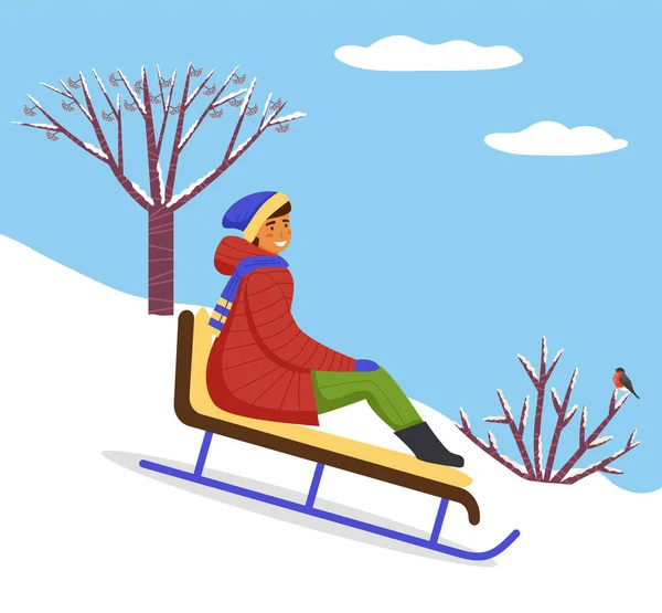 Girl sledding. Snow slide, bare mountain ash, bird on branch. Kids winter fresh air entertainments — Stock Vector