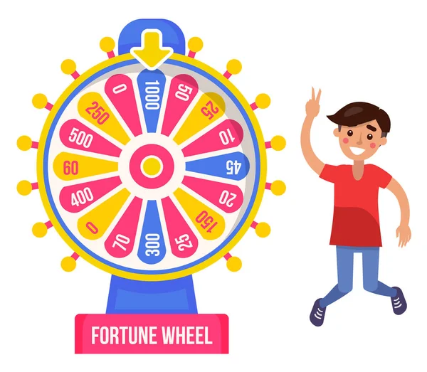 Fortune Wheel y Boy Winner, Riesgo y suerte, Dinero — Vector de stock