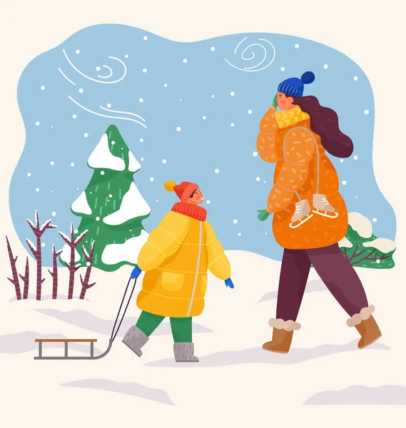 Pareja madre e hijo caminando en invierno en clima frío. Invierno actividades al aire libre vector ilustración — Archivo Imágenes Vectoriales