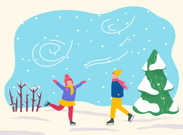Meisje en jongen schaatsen in het park, Wintertijd Activiteit — Stockvector