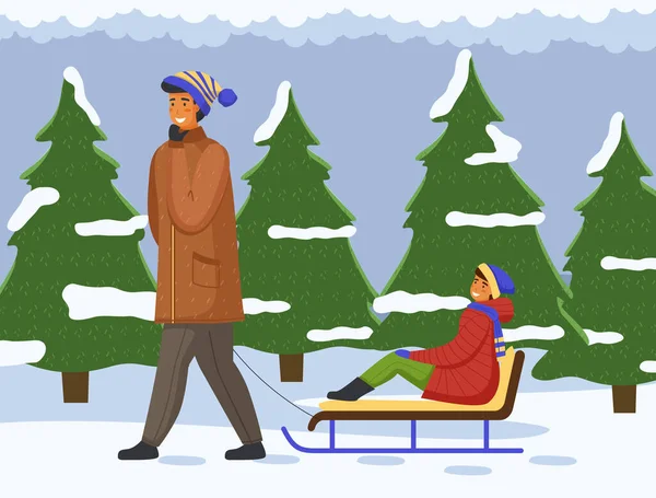Apa és lánya egy téli sétán. Ember szánkózik egy gyerekkel. Együtt sétáló családtagok — Stock Vector