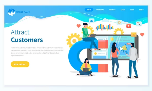 オンライン顧客を引き付ける。大きな磁石と周りのラップトップを持つ人々。顧客維持戦略 — ストックベクタ