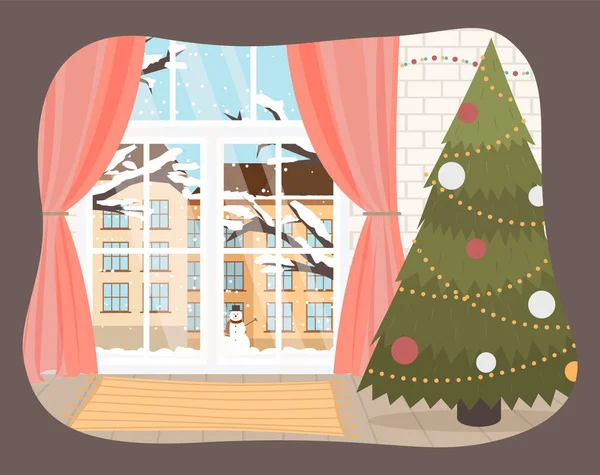 Интерьер рождественской комнаты. Рождественская елка с праздничным убранством и волшебными огнями. Уютный дом отдыха — стоковый вектор