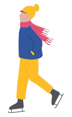 Erkek çocuk kış hobisinde paten ayakkabısıyla yürüyor.