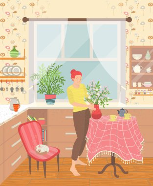 Evde Ev Bitkisi Vektörüyle Tatlı Ev Kadını