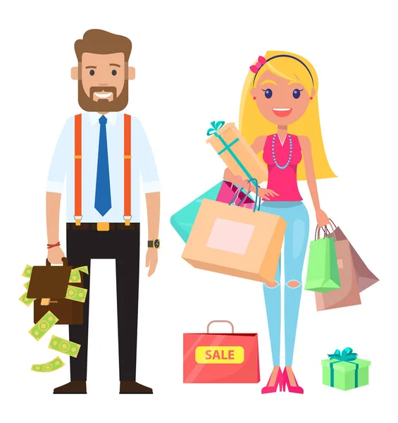 Empresários elegantes e menina bonito. Uma mulher segurando um monte de presentes e compras em sacos — Vetor de Stock