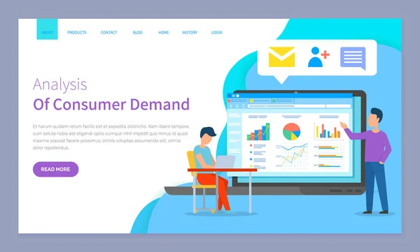 消費者需要のウェブサイトベクトルの分析。ラップトップを持つ労働者は統計指標について — ストックベクタ