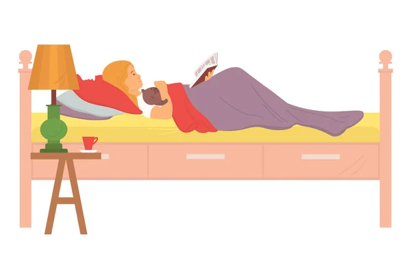 Enfant couché au lit Livre de lecture, Enfant de la chambre — Image vectorielle