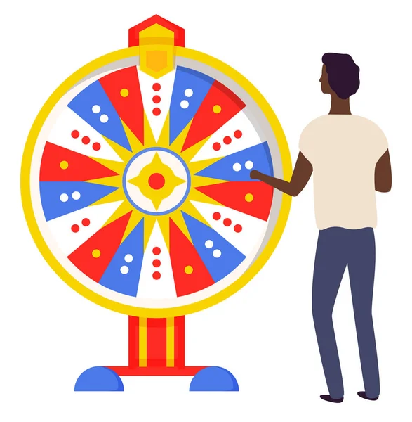 Spelet lyckohjulet koncept. Man spelar riskspel med lyckohjul och lotteri, spelmall — Stock vektor