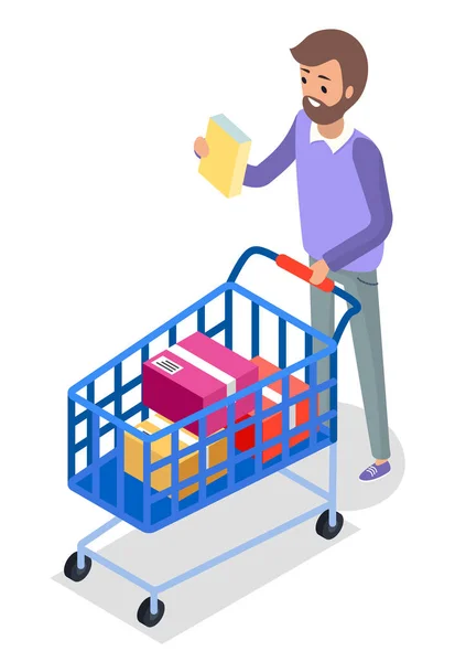 Man with shopping cart on wheels with colorful boxes flat style illustration isolated on white — Stock Vector