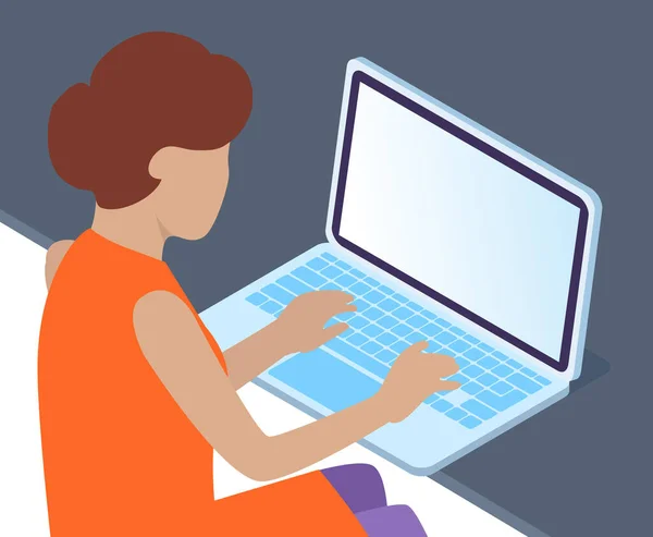 Una mujer de oficina en un escritorio con un portátil. Mujer de negocios o un empleado trabajando, escribiendo en el teclado — Archivo Imágenes Vectoriales