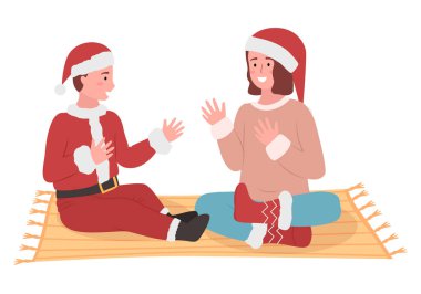 Noel elbisesi giymiş sevimli çocuk karakterleri. Noel Baba kostümü giymiş gülümseyen çocuklar.