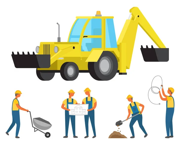Travailleurs de la construction, ingénieurs et ouvriers — Image vectorielle