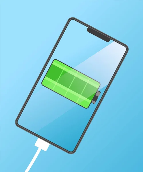 Modern mobile phone with green battery vector illustration. Full charge with lighting. Touchscreen smartphone — Stock Vector