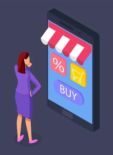 Nätbutikskoncept. Kvinnlig köpare väljer en produkt på en butiks webbplats på en smartphone-skärm — Stock vektor
