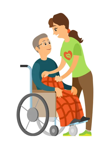 Tekerlekli sandalyedeki yaşlı adam, kıdemli ve kadın vekil. — Stok Vektör