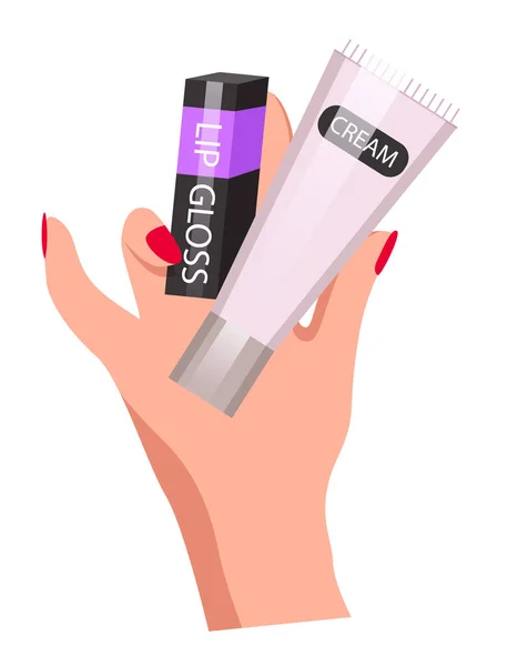 Elegante Frauenhand mit Lipgloss und Creme auf weißem Hintergrund. Konzept Kosmetikprodukte — Stockvektor