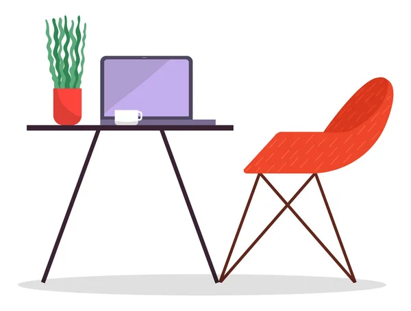 Moderno local de trabalho design plano. Cadeira de escritório e mesa de escritório com um laptop isolado em branco — Vetor de Stock