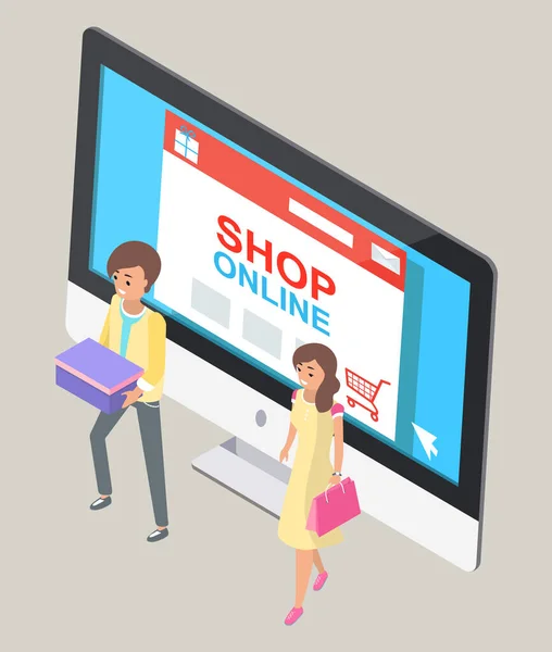 Online áruház koncepció. Boldog férfi dobozzal és nő táska vevő menj ki a boltból a vásárlások — Stock Vector