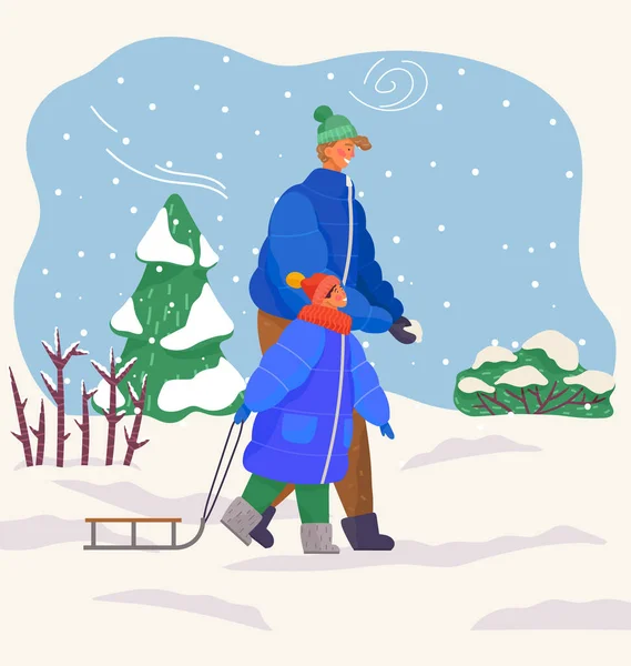 Pareja padre e hijo caminando en invierno en clima fresco. Invierno actividades al aire libre vector ilustración — Archivo Imágenes Vectoriales