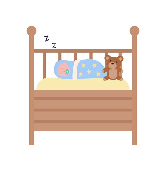 Bebé durmiendo en una cuna de madera, vector infantil — Vector de stock