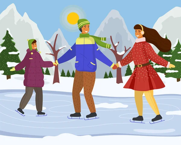 Famille jouant au patin à glace sur la patinoire en plein air par temps ensoleillé pendant la saison d'hiver, week-end actif — Image vectorielle