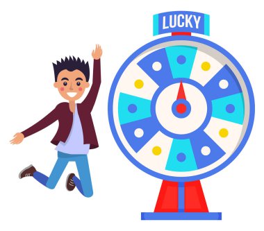 Şans tekerleği konsepti. Şans çarkı ve piyango ile kumar oynayan adam.