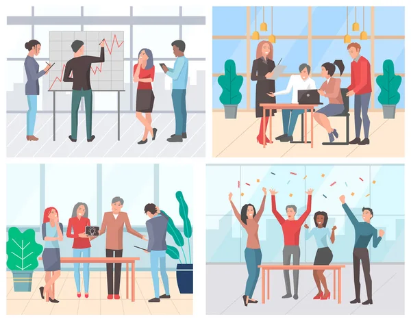 Co Working, Set of Office Life Situations Vector — Stock Vector