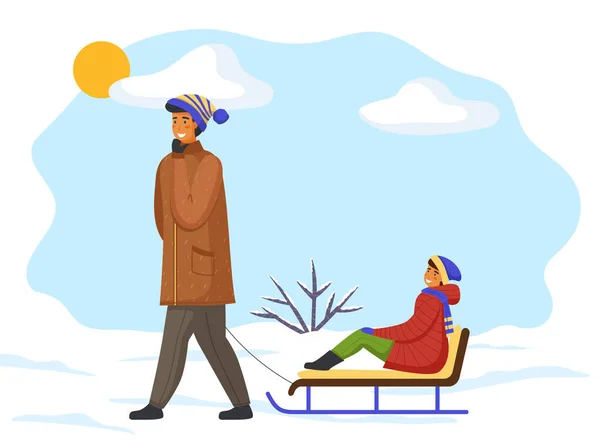 父亲骑雪橇送女儿。雪，冰冷的灌木，清澈寒冷的冬季天气。人们在户外消磨时间 — 图库矢量图片
